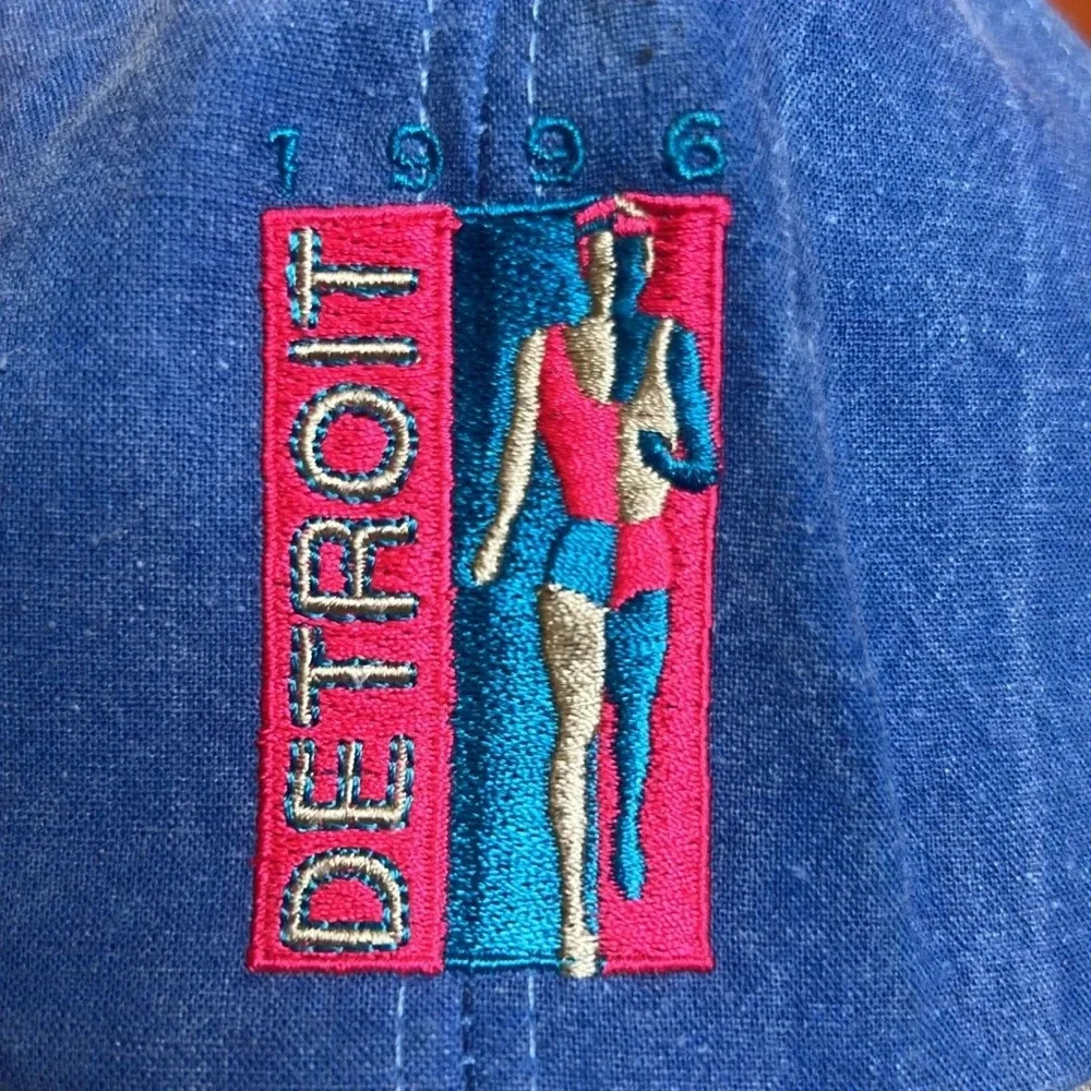 Vintage 90s Detroit Marathon Ford Snapback Hat Blue Denim Embroidered Cap USA - Picture 4 of 11